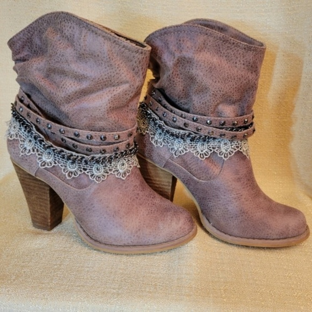 Slouch Boots For Women With Heel Size 6 Studded Lace Brown Block Heel Boots
